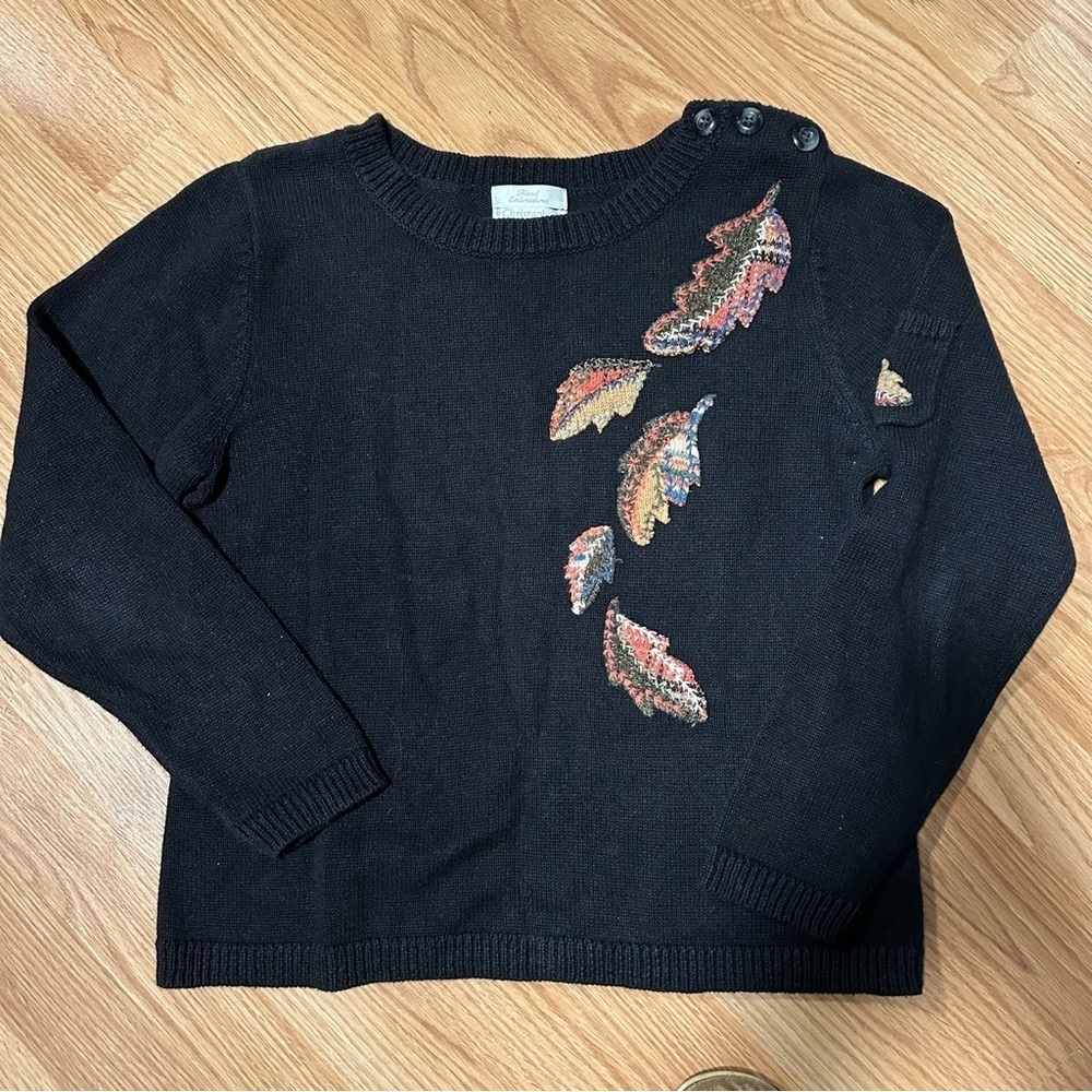 Small black hand embroidered sweater fall leaves button shoulder ramie cotton